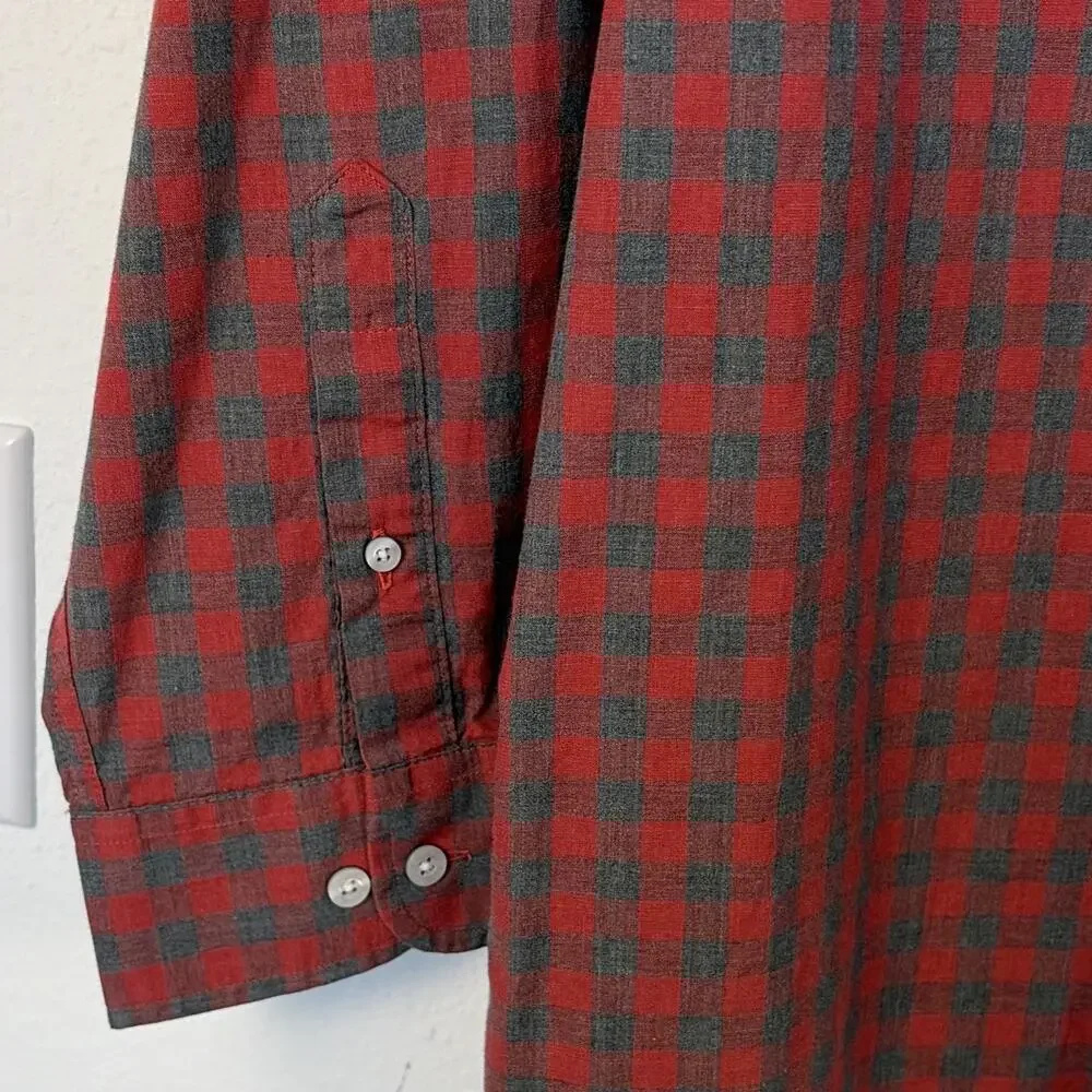 ROWM Men’s Big & Tall 2XB Red Gray Check Button-Up Button-Down Collar Long